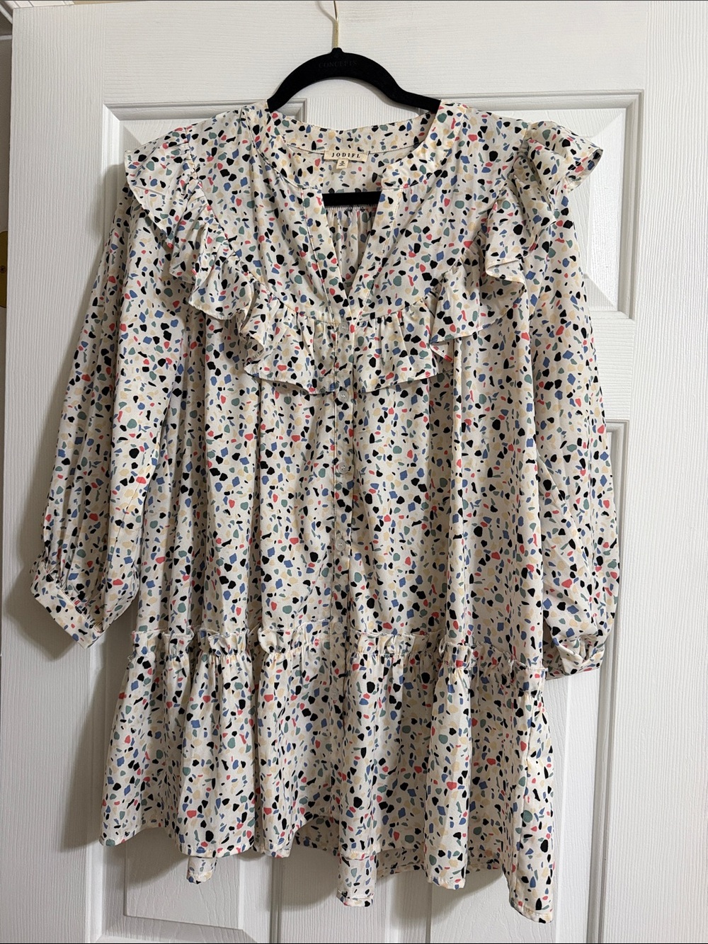 Jodifl Women's 3/4 Sleeve Colorful Ruffle Spotted Peplum Blouse Size Medium